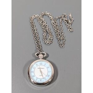 Gem Essence Quartz Pocket Watch Necklace Silver Tone MOP Shell‎ Back 30 in